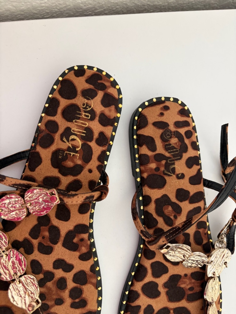 Leopard Print Thong Sandals with Gold Accents - Picture 2 of 4